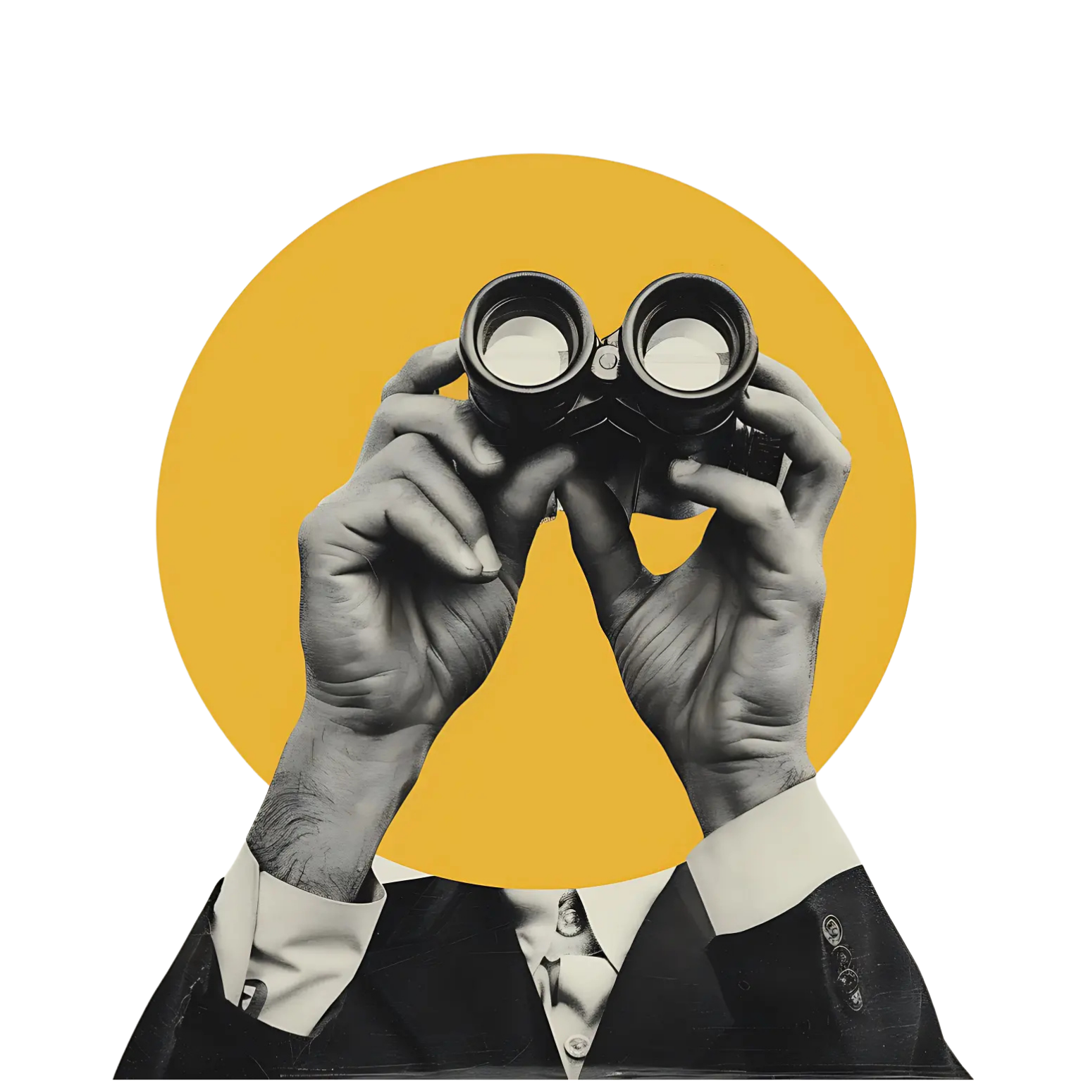 Black-and-white collage of two hands holding binoculars in front of a mustard-yellow circle, cut out on a transparent background